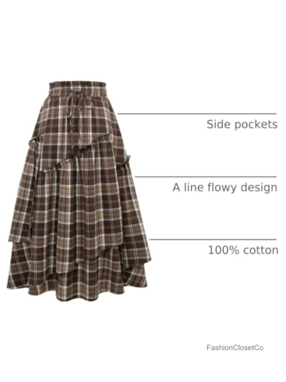 High Waisted Plaid Maxi Skirt with Pockets Renaissance A-Line Flowy - Picture 3 of 6